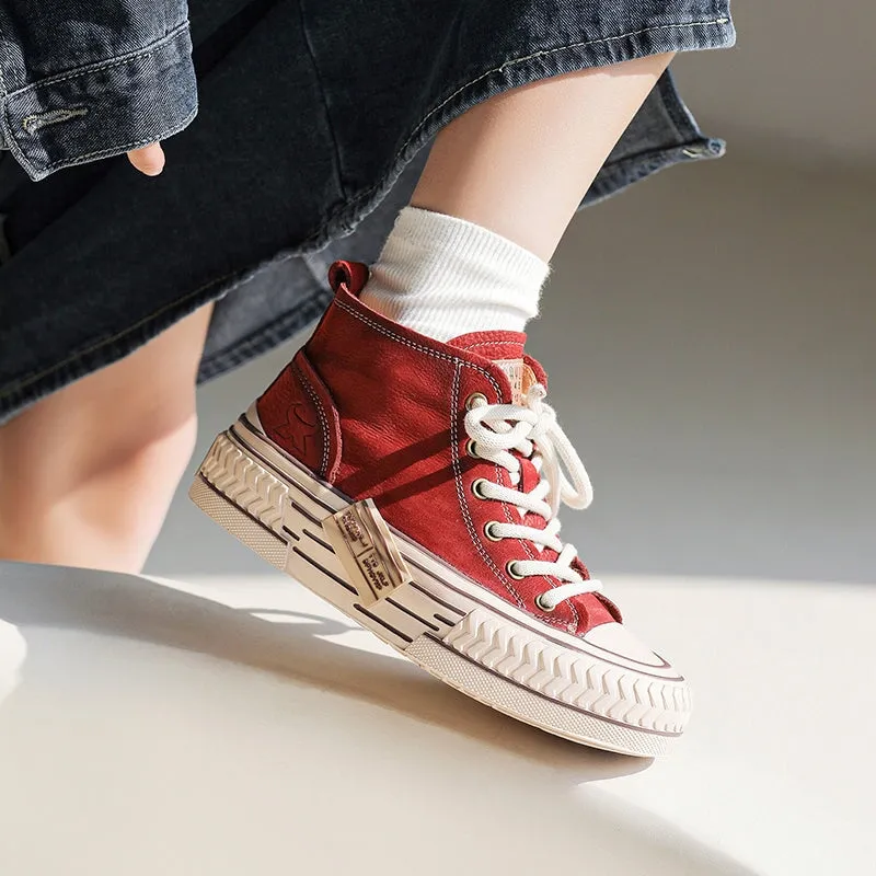 High-top Lace Up Flat Leather Sneakers for Women in Red/Brown/Beige