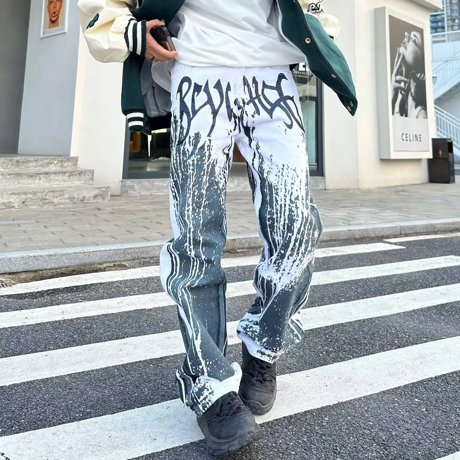 Hip hop print street heavy industry splash ink embroidery jeans