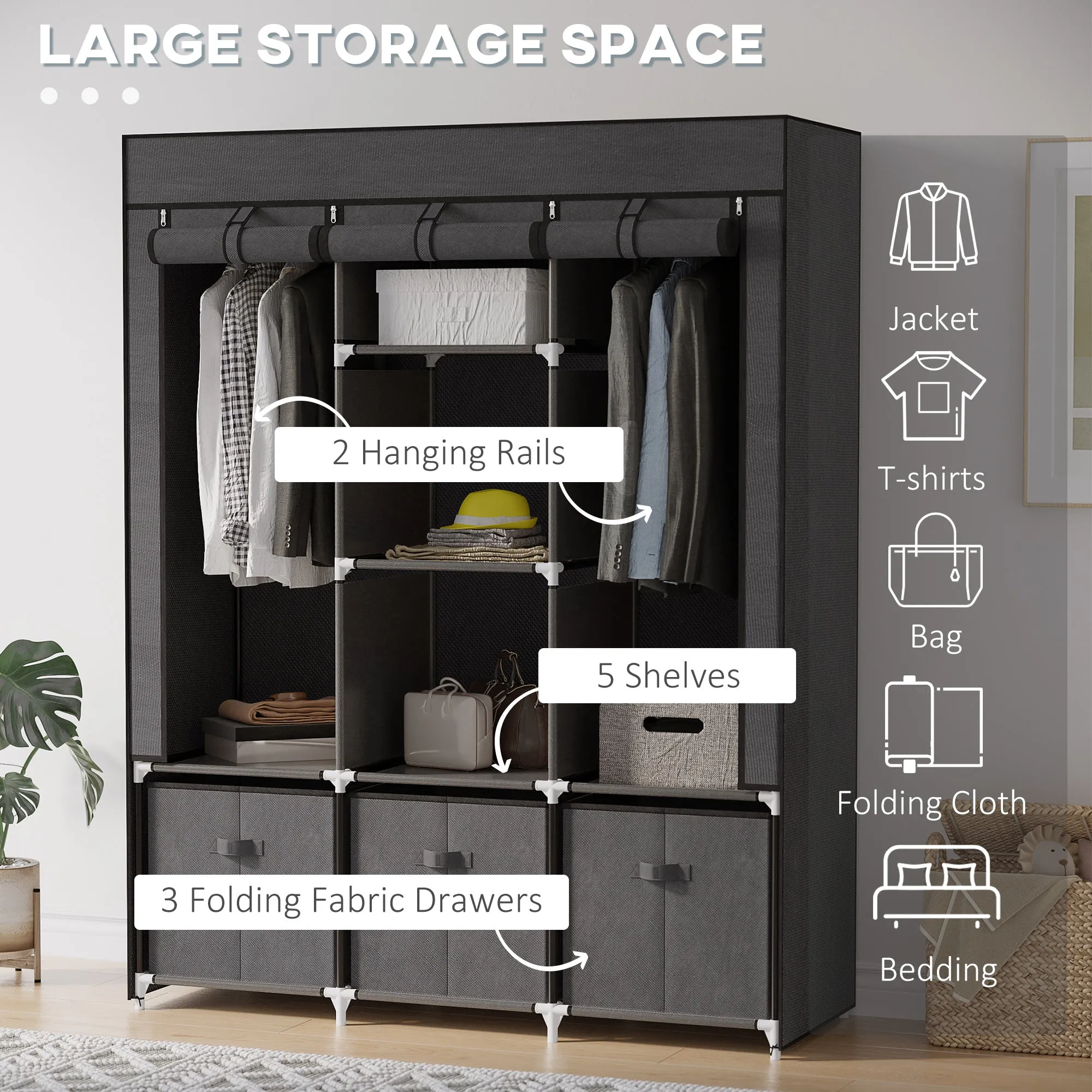 HOMCOM Fabric Wardrobe for Bedroom, Portable Wardrobe with 5 Shelves, 2 Hanging Rails and 3 Fabric Drawers, Foldable Closets, 125 x 43 x 162.5cm, Grey