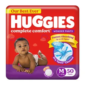 Huggies Complete Comfort Wonder Pants Medium (M) Size (7-12 Kgs) Baby Diaper Pants, 50 count| India's Fastest Absorbing Diaper with upto 4x faster absorption | Unique Dry Xpert Channel