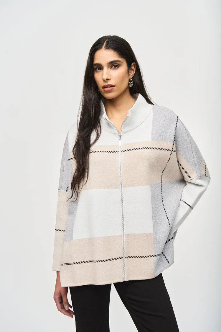 Joseph Ribkoff Vanilla/Oatmeal/Grey Color-Block Jacquard Knit Cover-Up