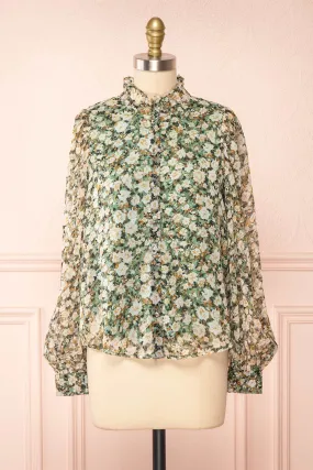 Kabeiride | Floral Blouse w/ Ruffled Collar