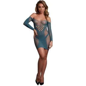 Le Désir Long Sleeve Blue Net Mini Dress