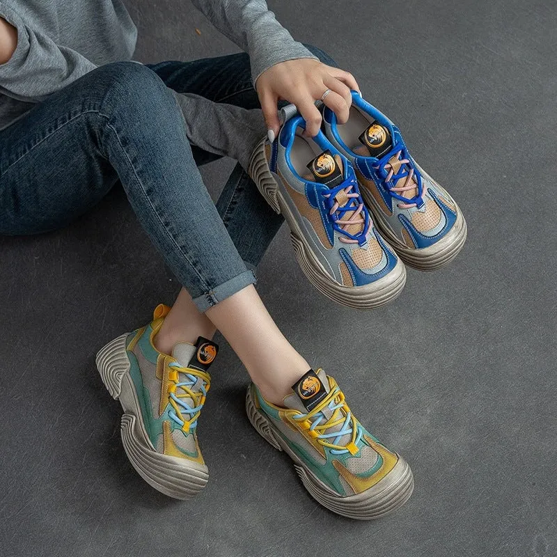 Leather Chunky Sneakers for Women Low-top Lace Up Contrast Color in Blue/Yellow