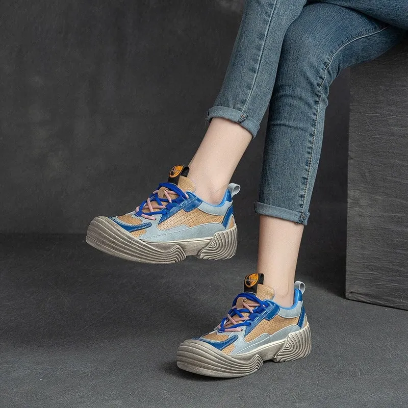 Leather Chunky Sneakers for Women Low-top Lace Up Contrast Color in Blue/Yellow