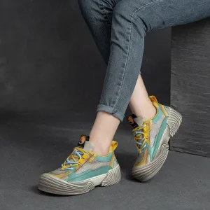 Leather Chunky Sneakers for Women Low-top Lace Up Contrast Color in Blue/Yellow