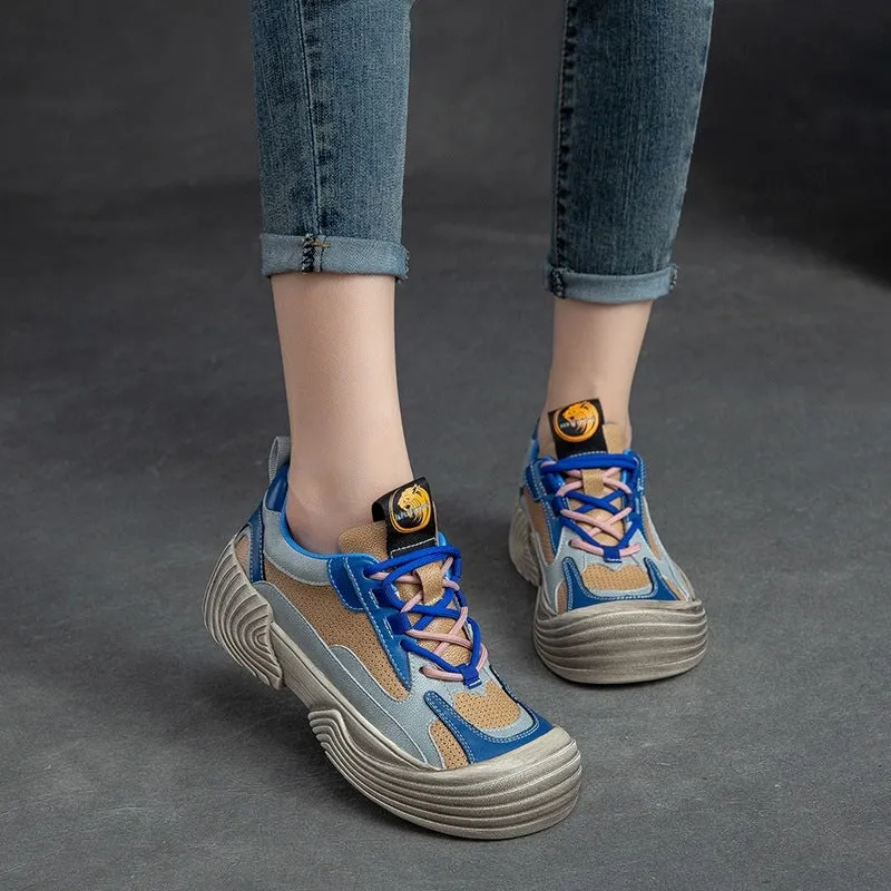 Leather Chunky Sneakers for Women Low-top Lace Up Contrast Color in Blue/Yellow