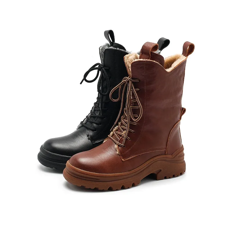 Leather Combat Boots Designer Retro Chunky Riding Boots in Coffee/Black Have Shearling Lined Choice