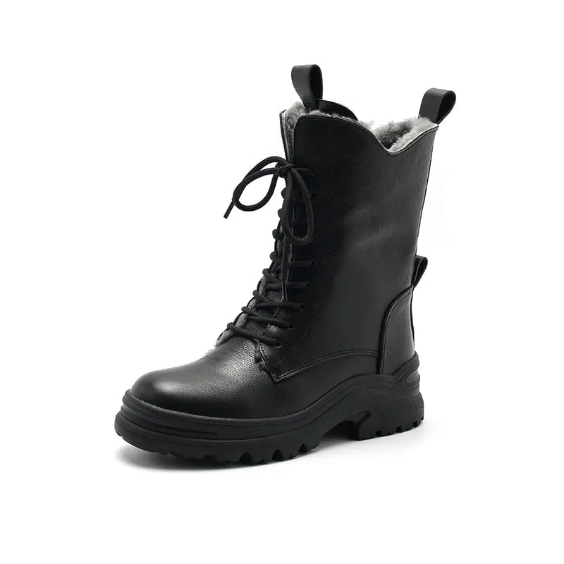 Leather Combat Boots Designer Retro Chunky Riding Boots in Coffee/Black Have Shearling Lined Choice