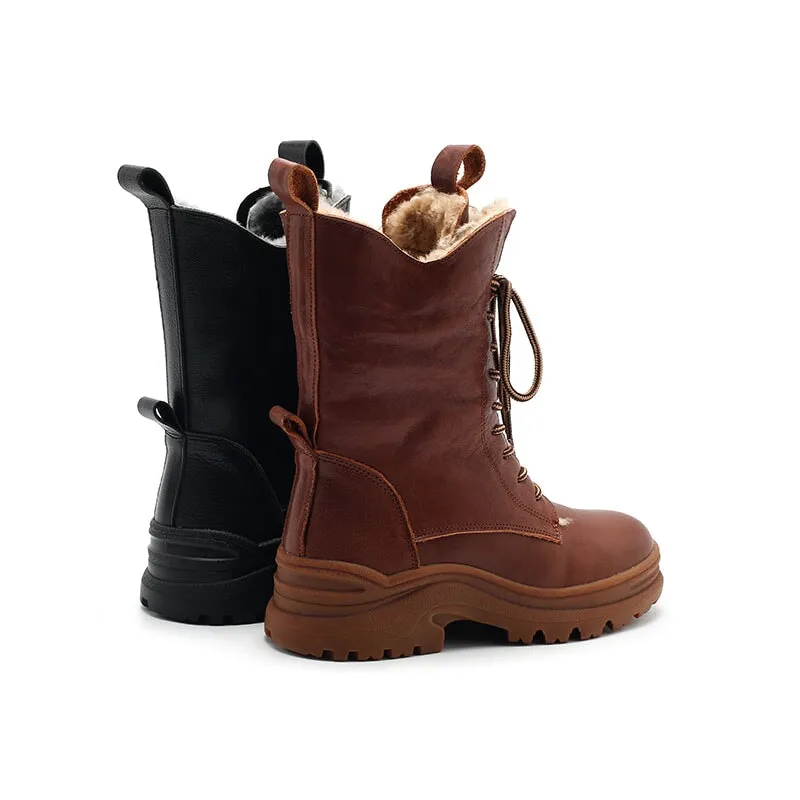 Leather Combat Boots Designer Retro Chunky Riding Boots in Coffee/Black Have Shearling Lined Choice