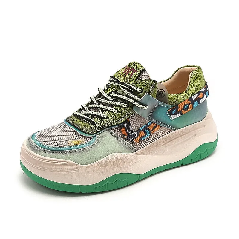 Leather Low Top Sneakers for Women Platform Mesh Splite in Green/Grey