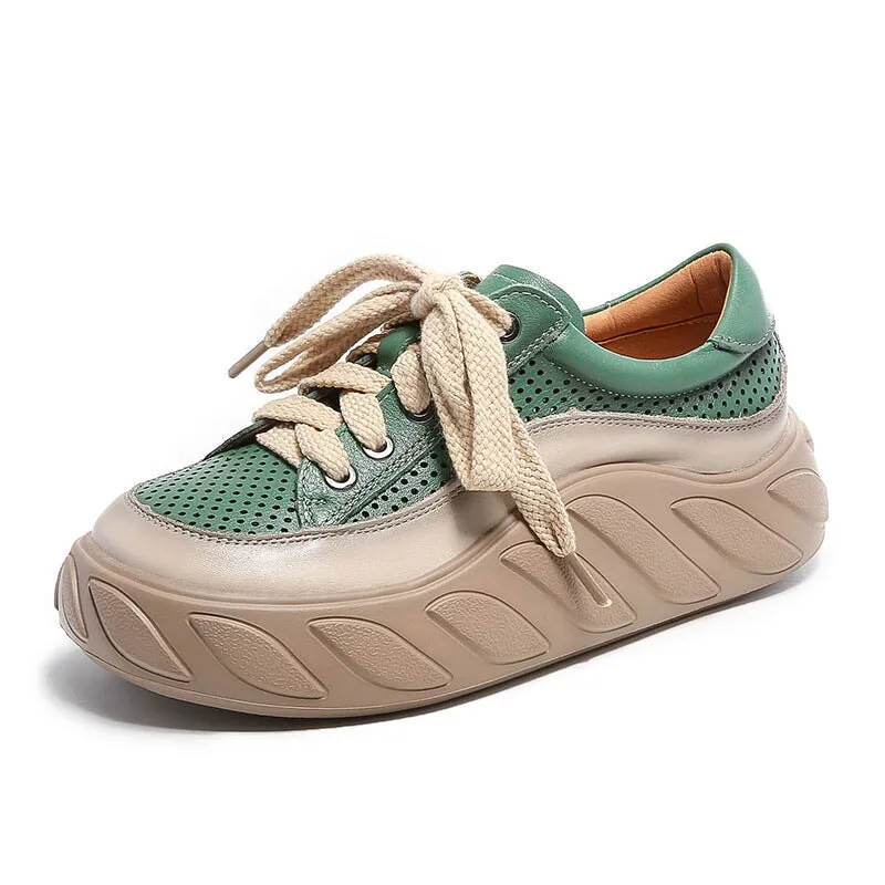 Leather Low-top Travel Perforated Platform Sneakers for Women in Beige/Orange/Green