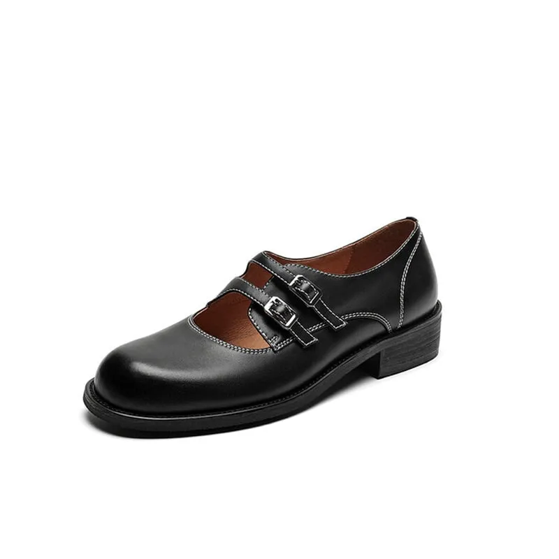 Leather Mary Jane Shoes With Double Buckle in Brown/Black