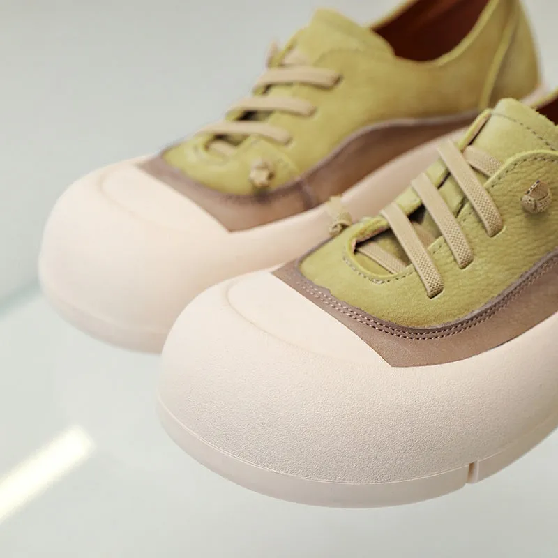 Leather Platform Sneakers for Women Low-top Rubber Cap in Green/Brown