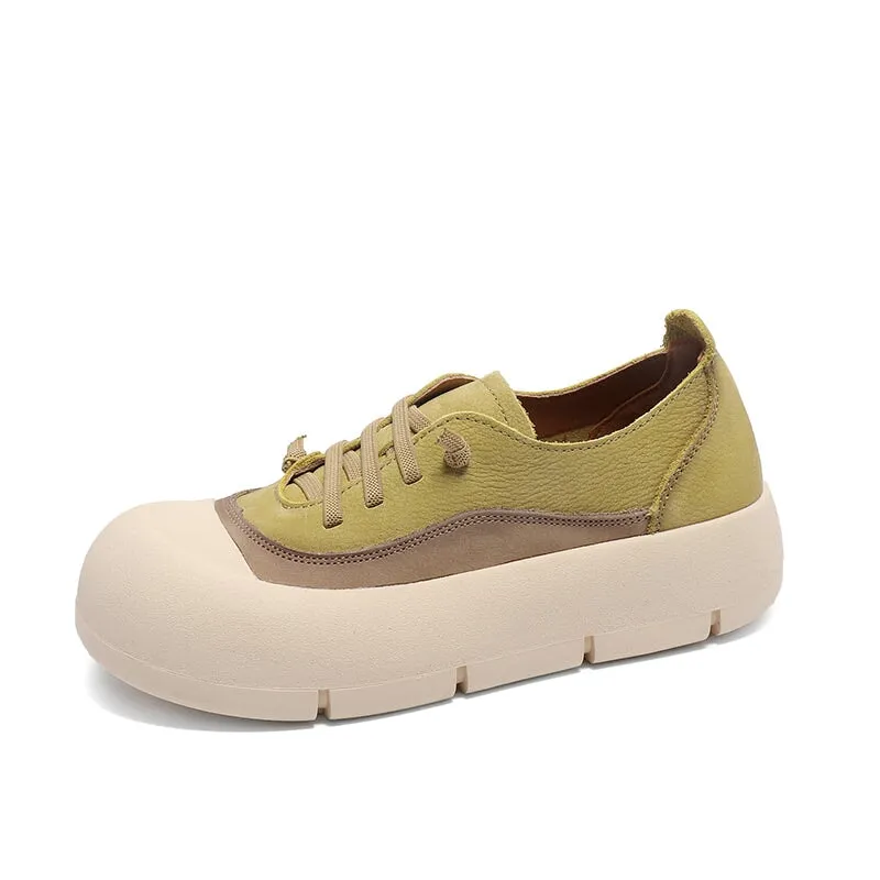 Leather Platform Sneakers for Women Low-top Rubber Cap in Green/Brown