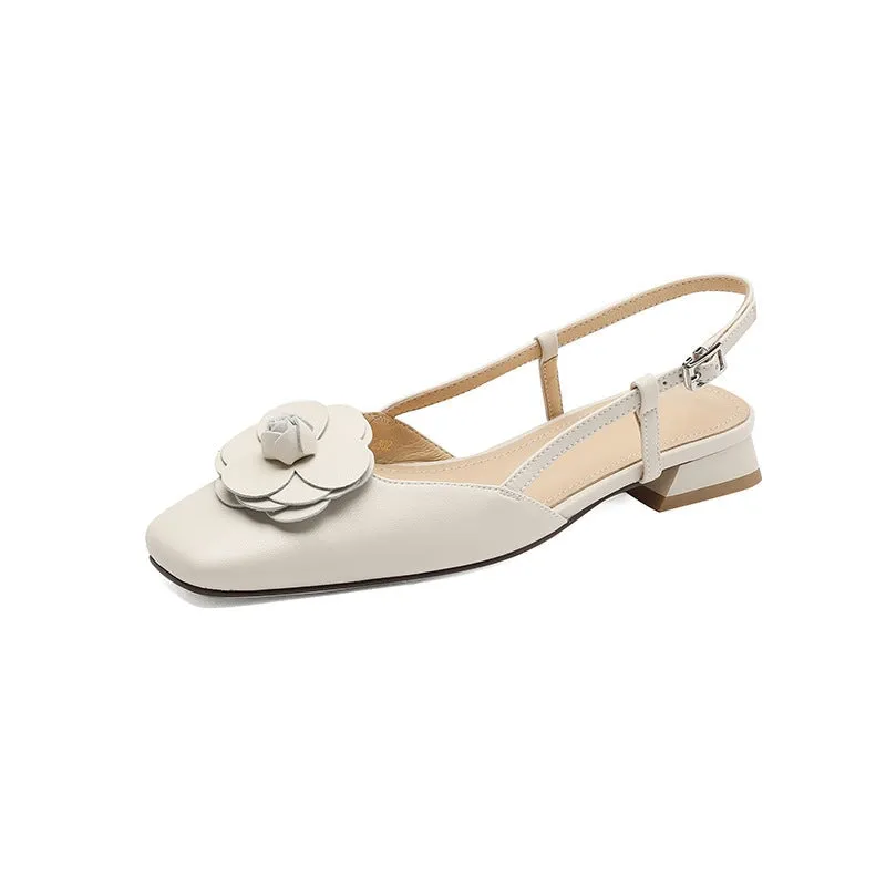 Leather Square Toe Slingback Sandals with Camellia Detail in Beige/Black/Silver