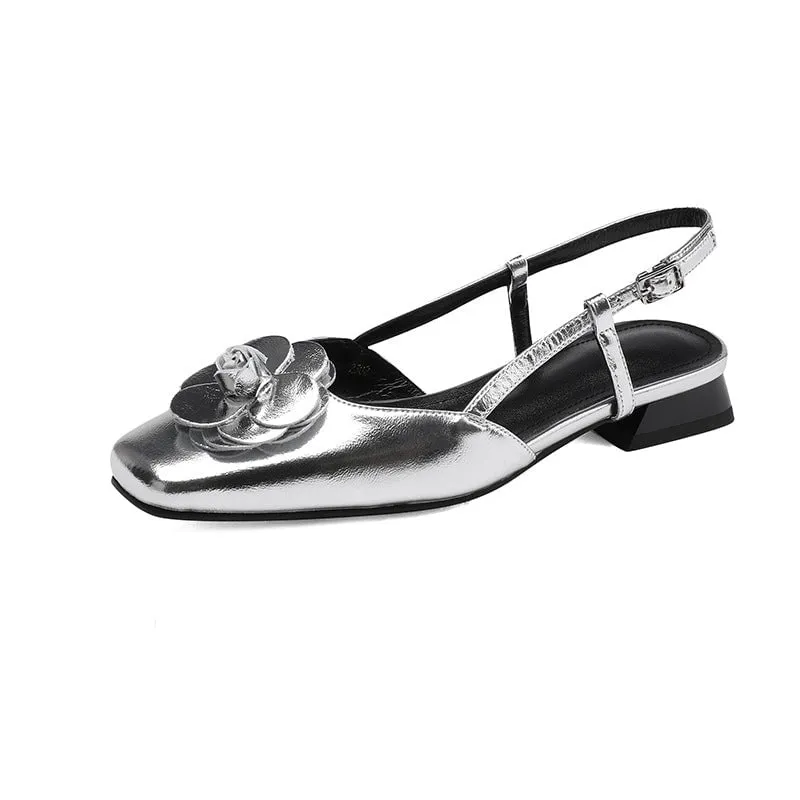 Leather Square Toe Slingback Sandals with Camellia Detail in Beige/Black/Silver