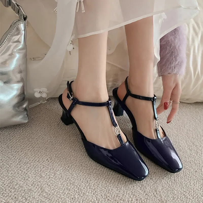 Leather T-strap Block Heel Mary Jane Shoes For Summer Slingback in Silver/Black/Blue