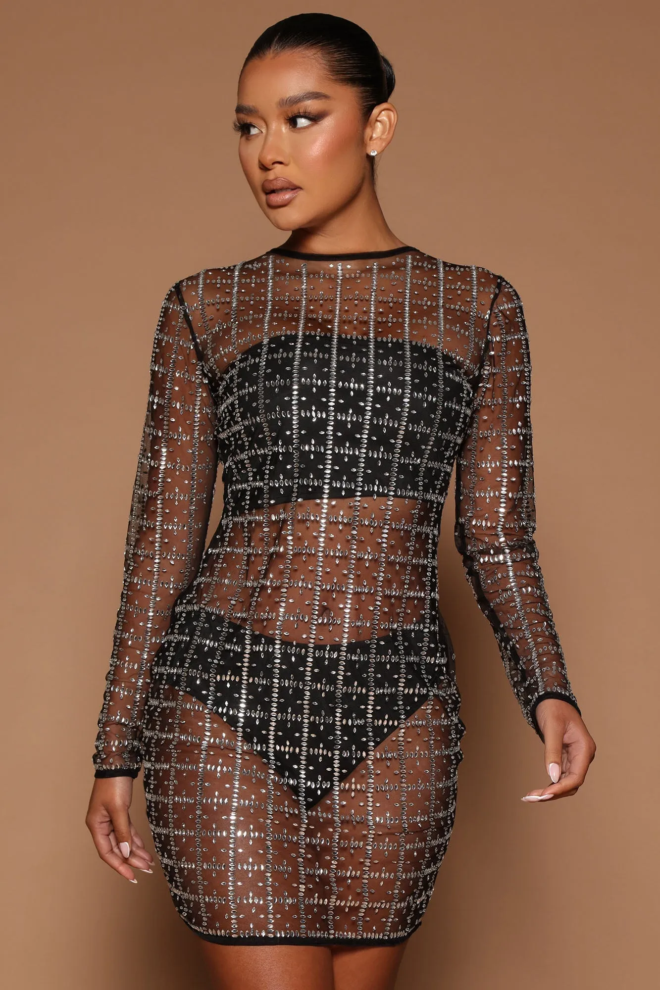 Leila Embellished Mesh Mini Dress - Black