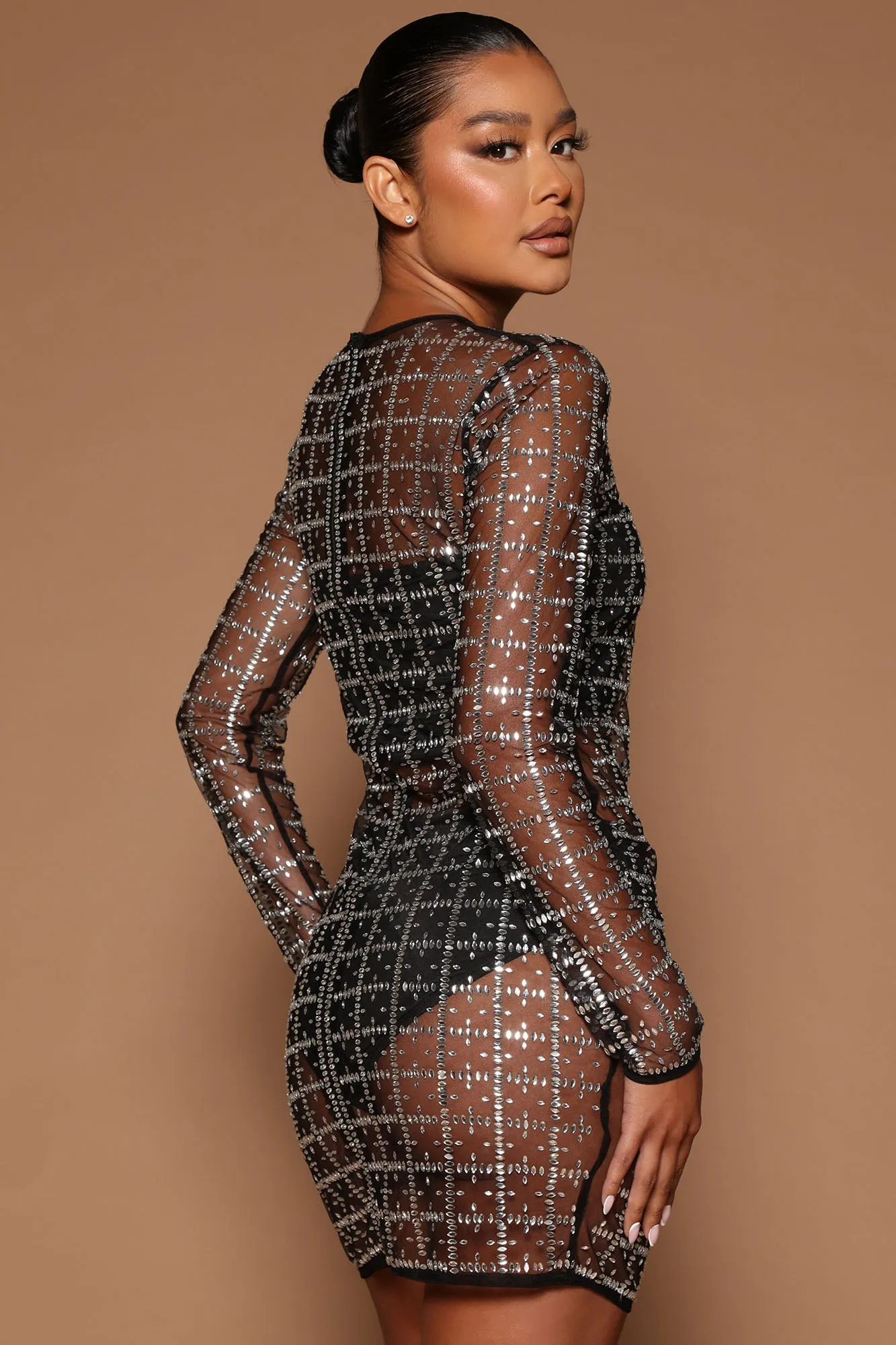 Leila Embellished Mesh Mini Dress - Black