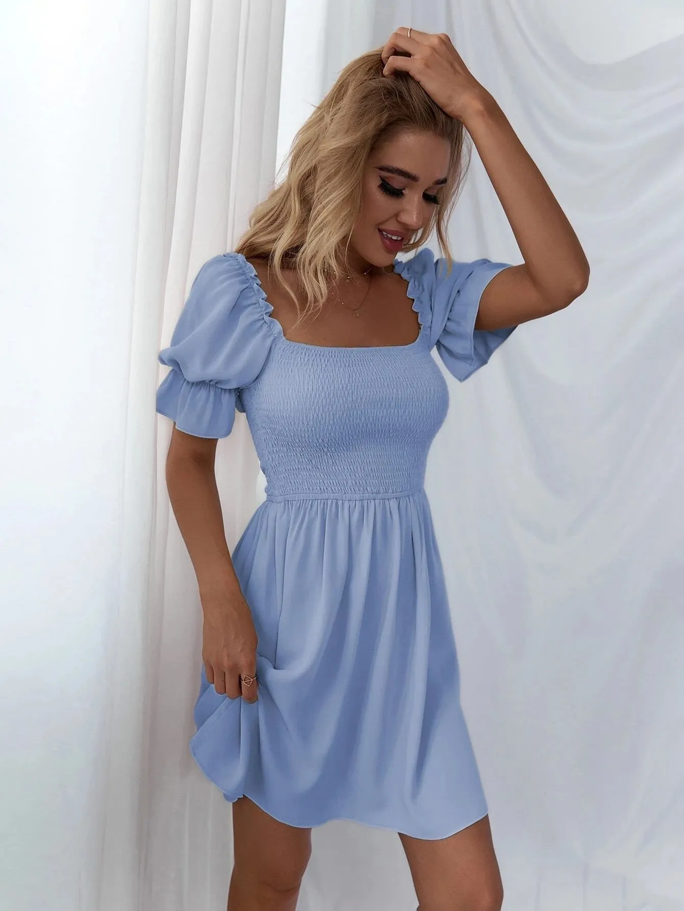 Leroy Linen Blend Puff Sleeve Babydoll Dress - Aqua