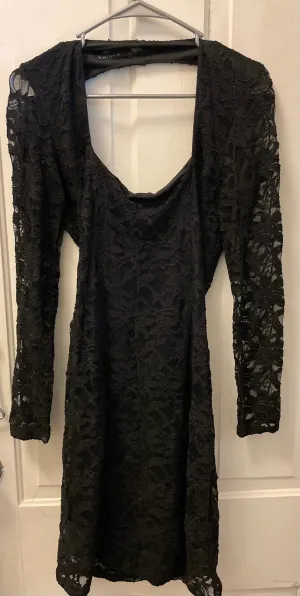 <€€ Womens Juniors MARINA Black Size 8 Long Sleeve V-Neck Open Back Lace Dress Mid Length Party