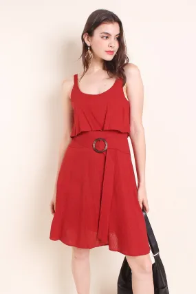 MADEBYNM KAIA TIER BELTED LINEN SUMMER DRESS IN BURNT ORANGE