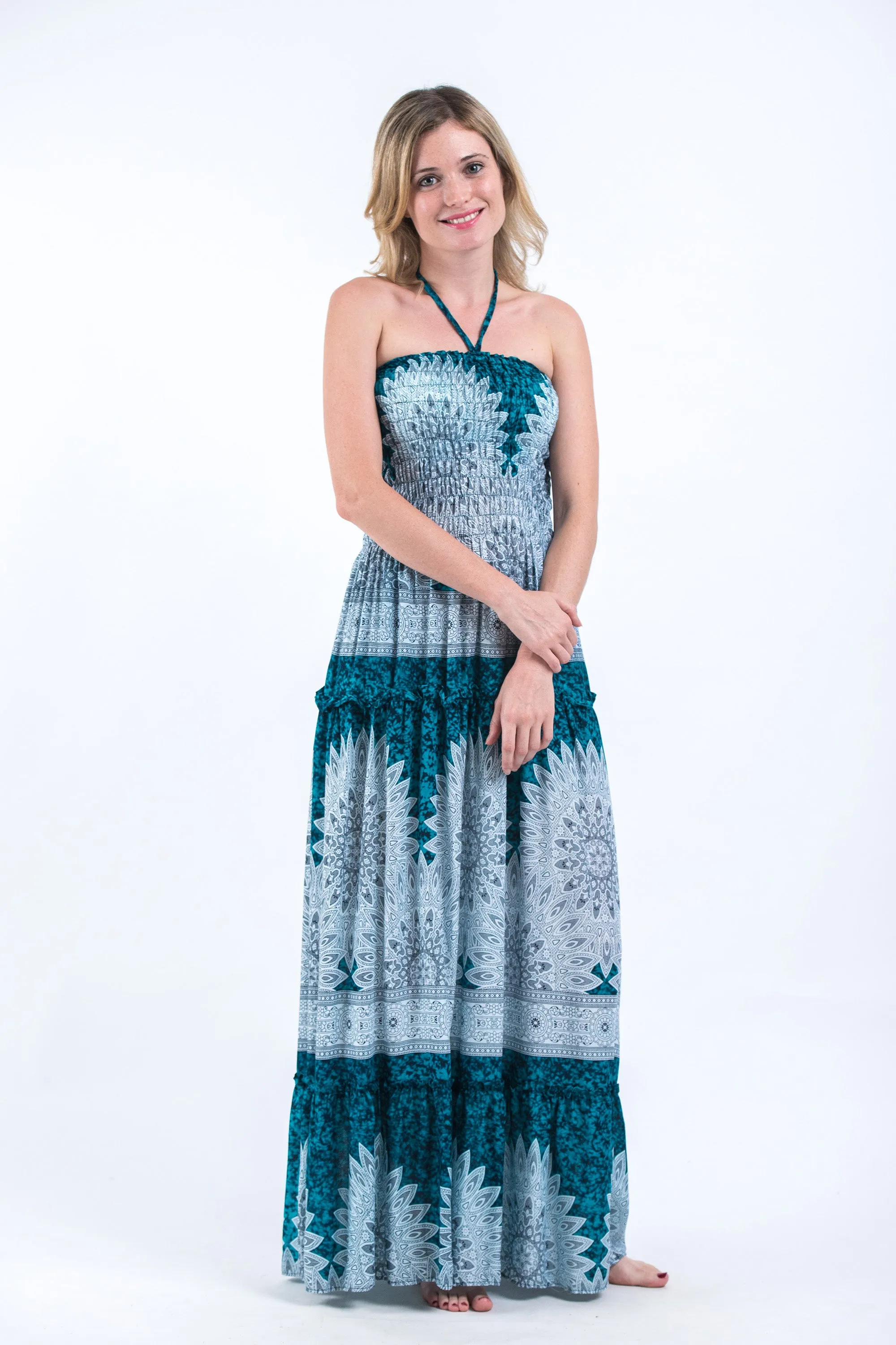 Marble Mandalas Smocked Bandeau Maxi Dress in Turquoise