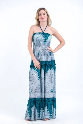 Marble Mandalas Smocked Bandeau Maxi Dress in Turquoise