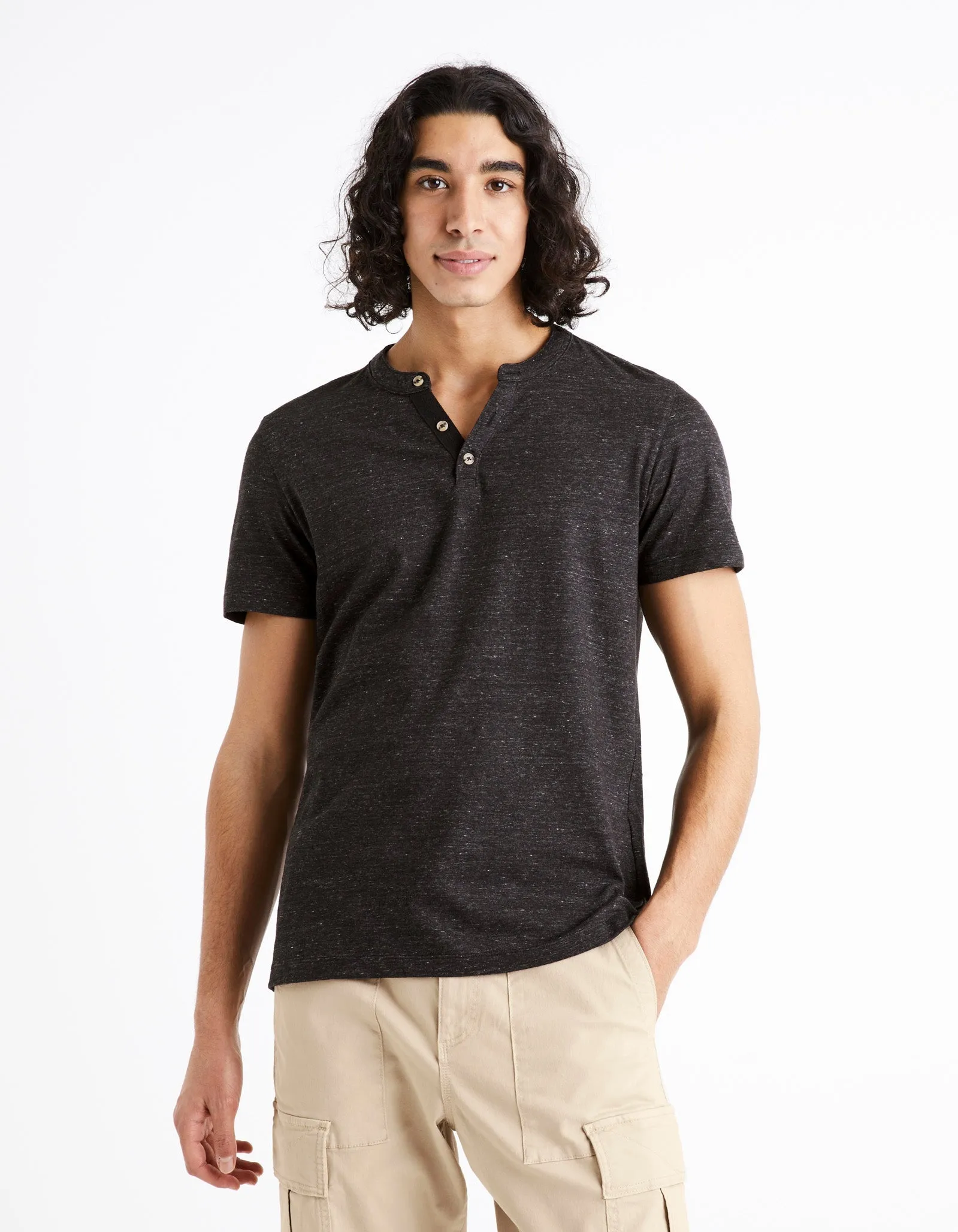 Men - Knitted - T-Shirt - Short sleeves - Henley collar