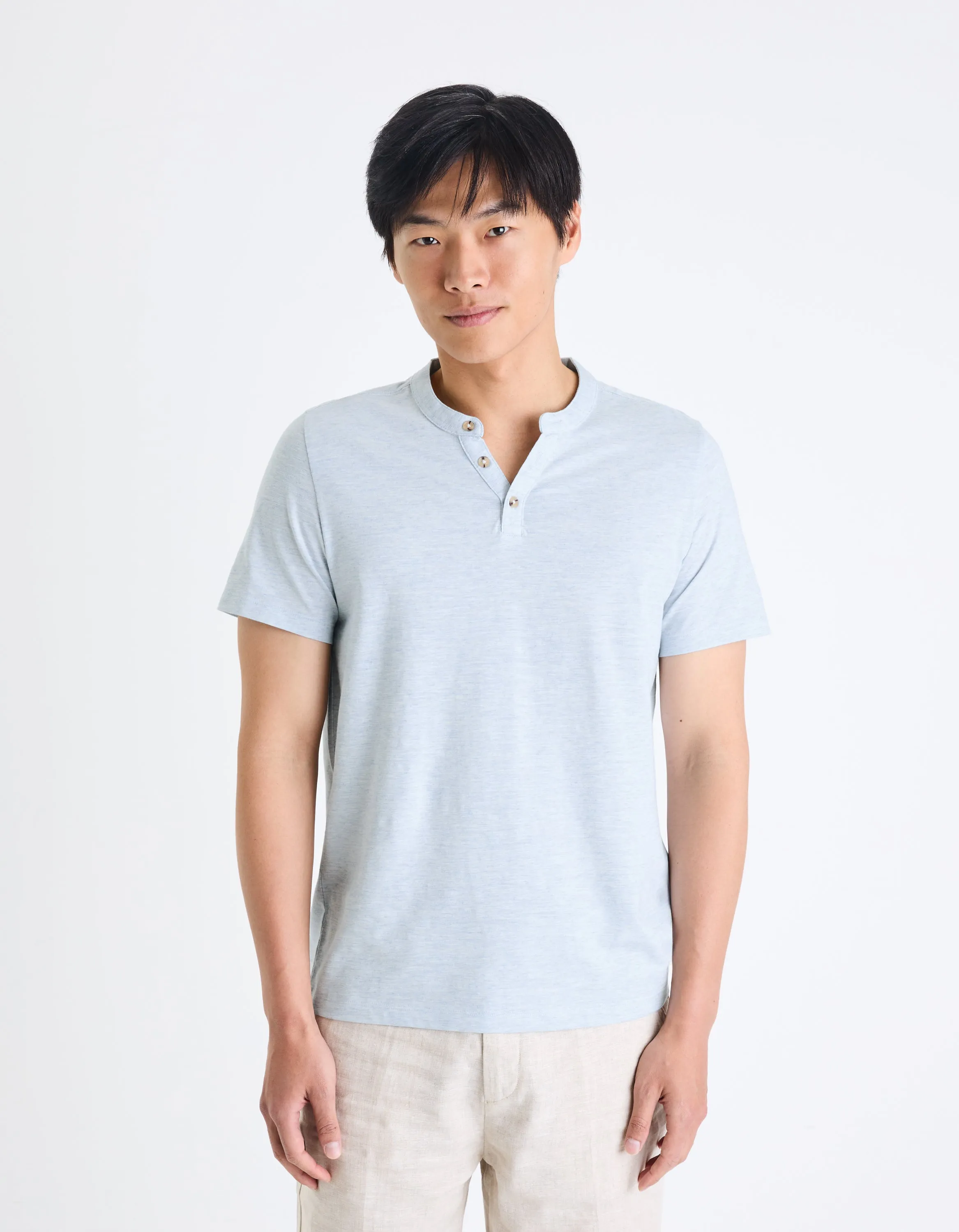 Men - Knitted - T-Shirt - Short sleeves - Henley collar