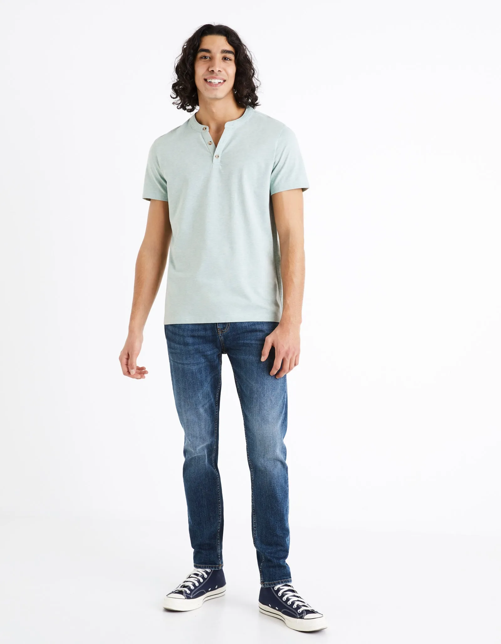 Men - Knitted - T-Shirt - Short sleeves - Henley collar