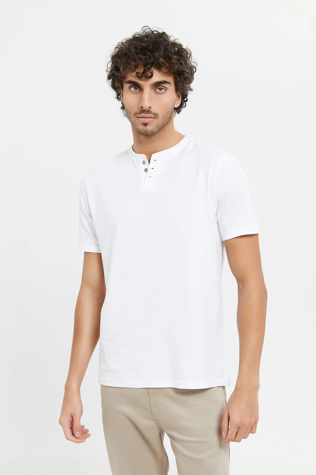 Men White Henley T-Shirt