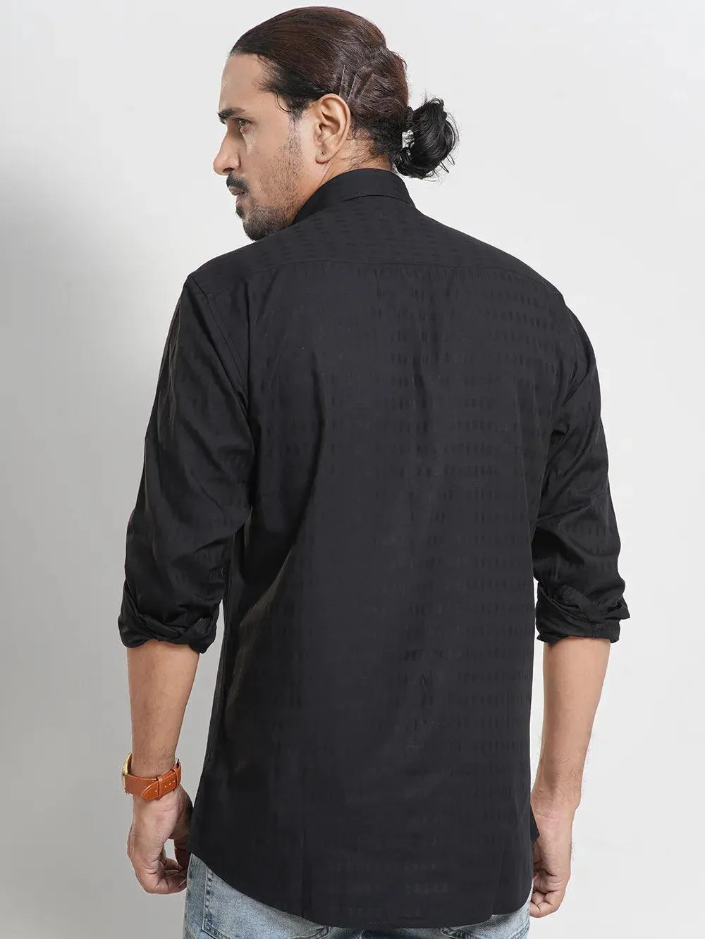 Men's Full Sleeve Self Texture Jet Black Shirt