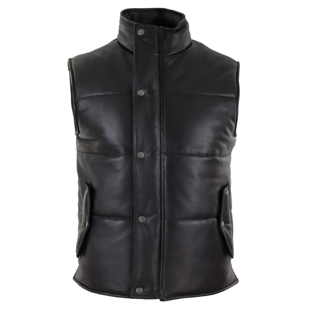 Mens Real Leather Waistcoat Gilet Quilted Puffer Design Warm Zip Casual