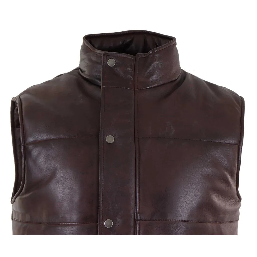 Mens Real Leather Waistcoat Gilet Quilted Puffer Design Warm Zip Casual