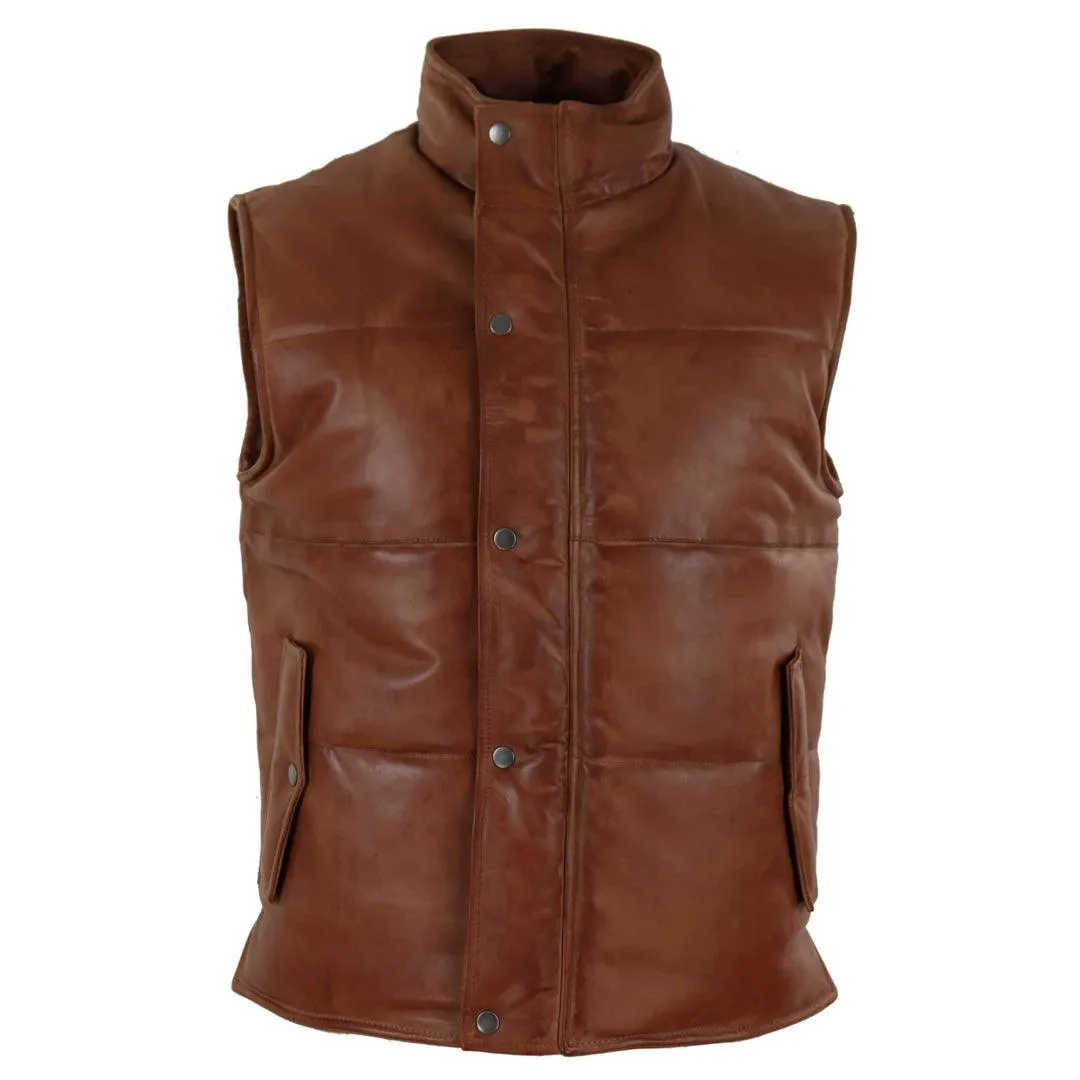 Mens Real Leather Waistcoat Gilet Quilted Puffer Design Warm Zip Casual