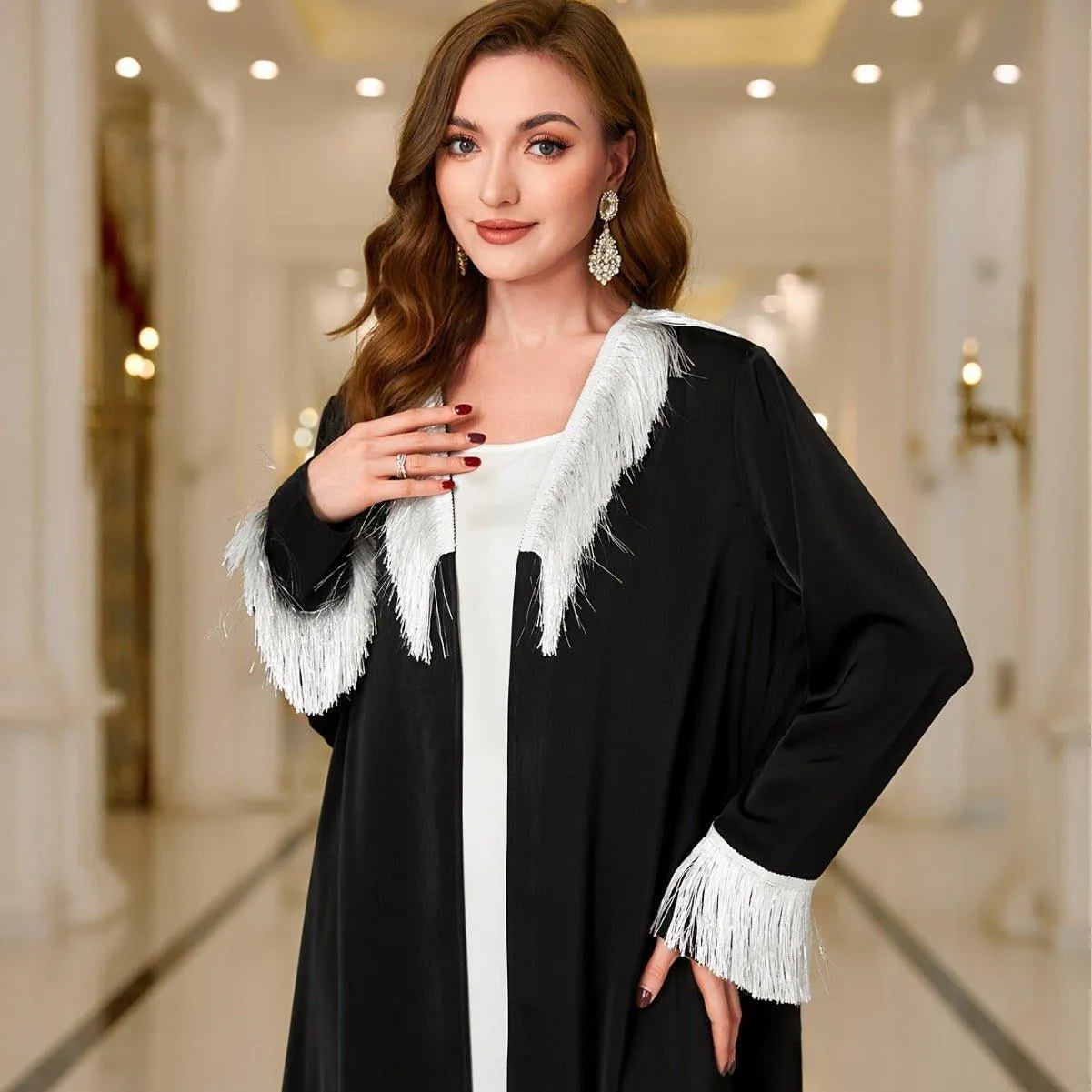 MOA066 Tassel Embroidered Open Abaya