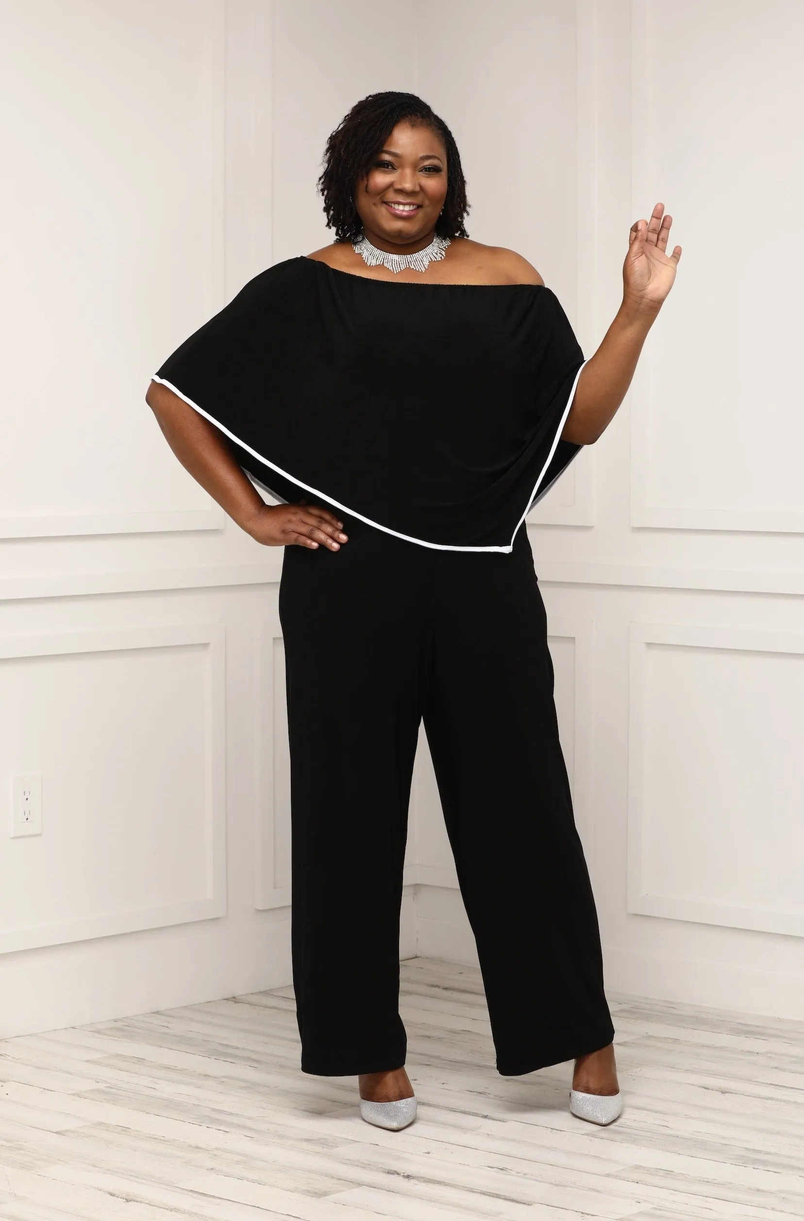 MSK Plus Size Womens Off Shoulder Trimmed Overlay Jumpsuit