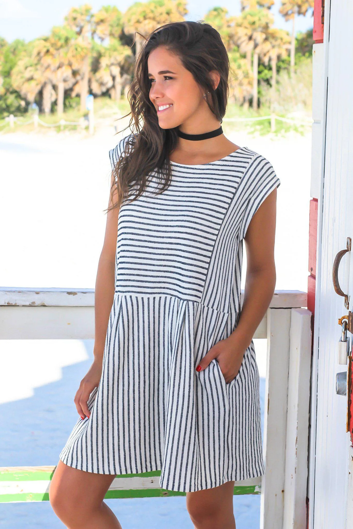 Navy and White Striped Short Dress with Pockets