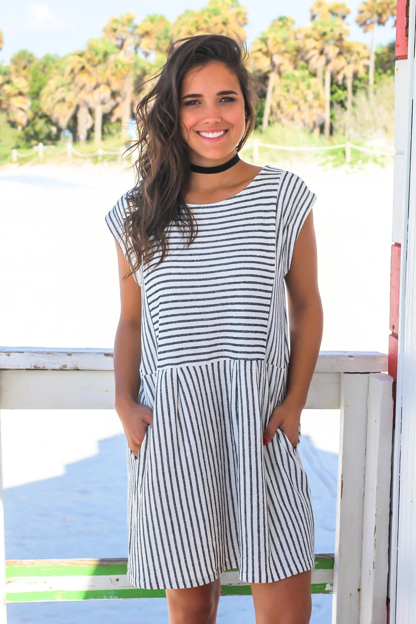 Navy and White Striped Short Dress with Pockets