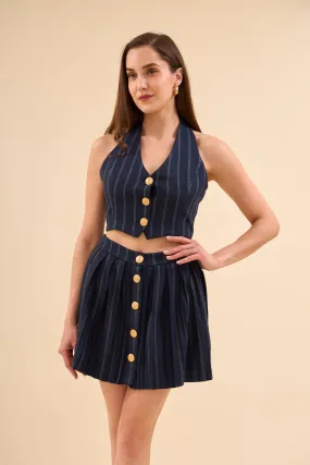 Navy Blue Gold Buttoned Vest And Pleated Skirt Set