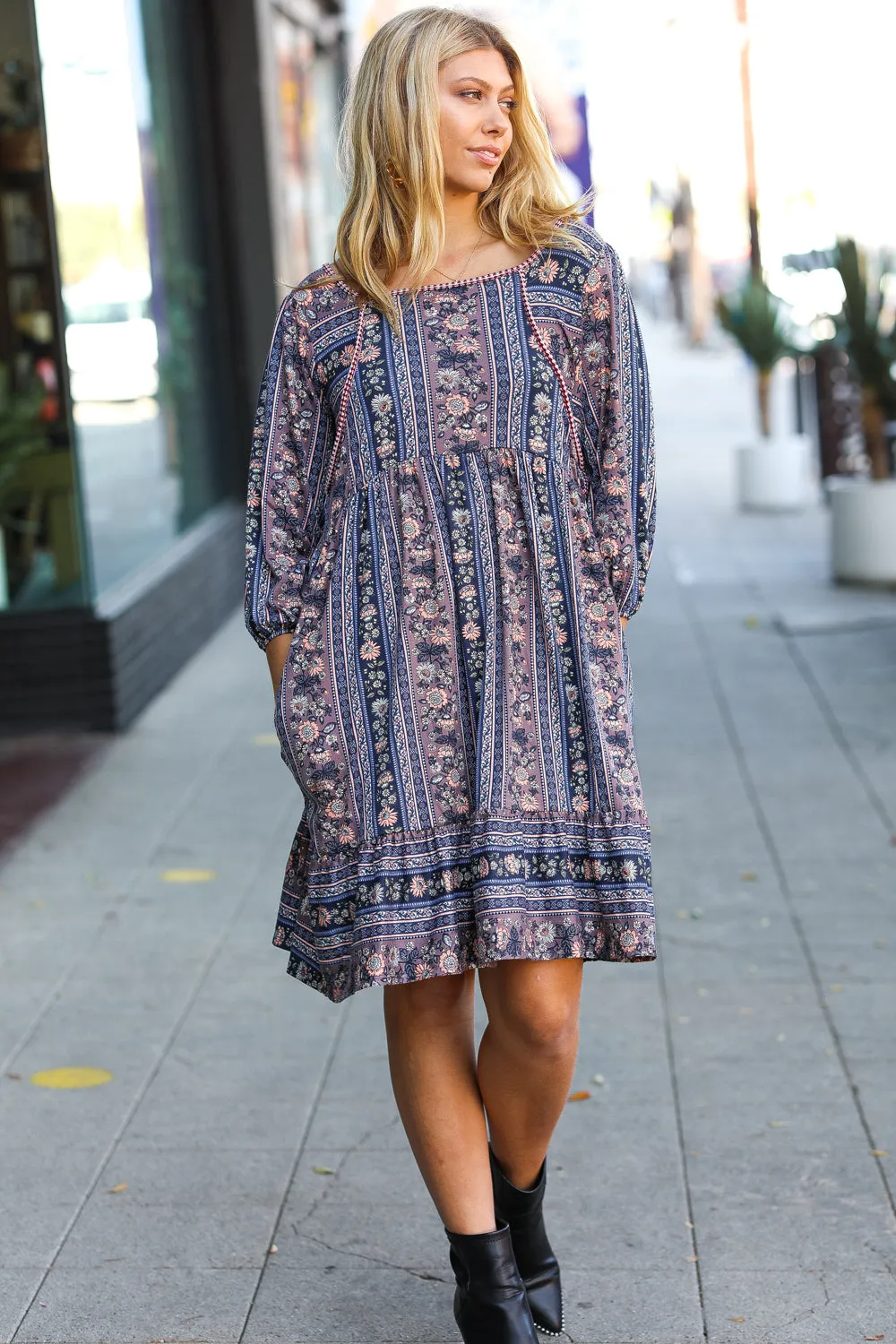 Navy Floral Stripe Babydoll Ruffle Pocketed Dress