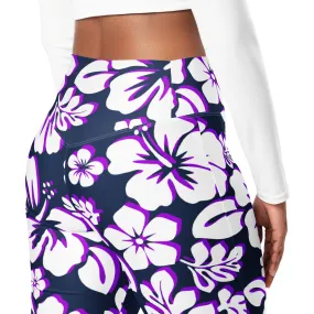 Navy, Purple and White Hawaiian Flowers Flare Leggings