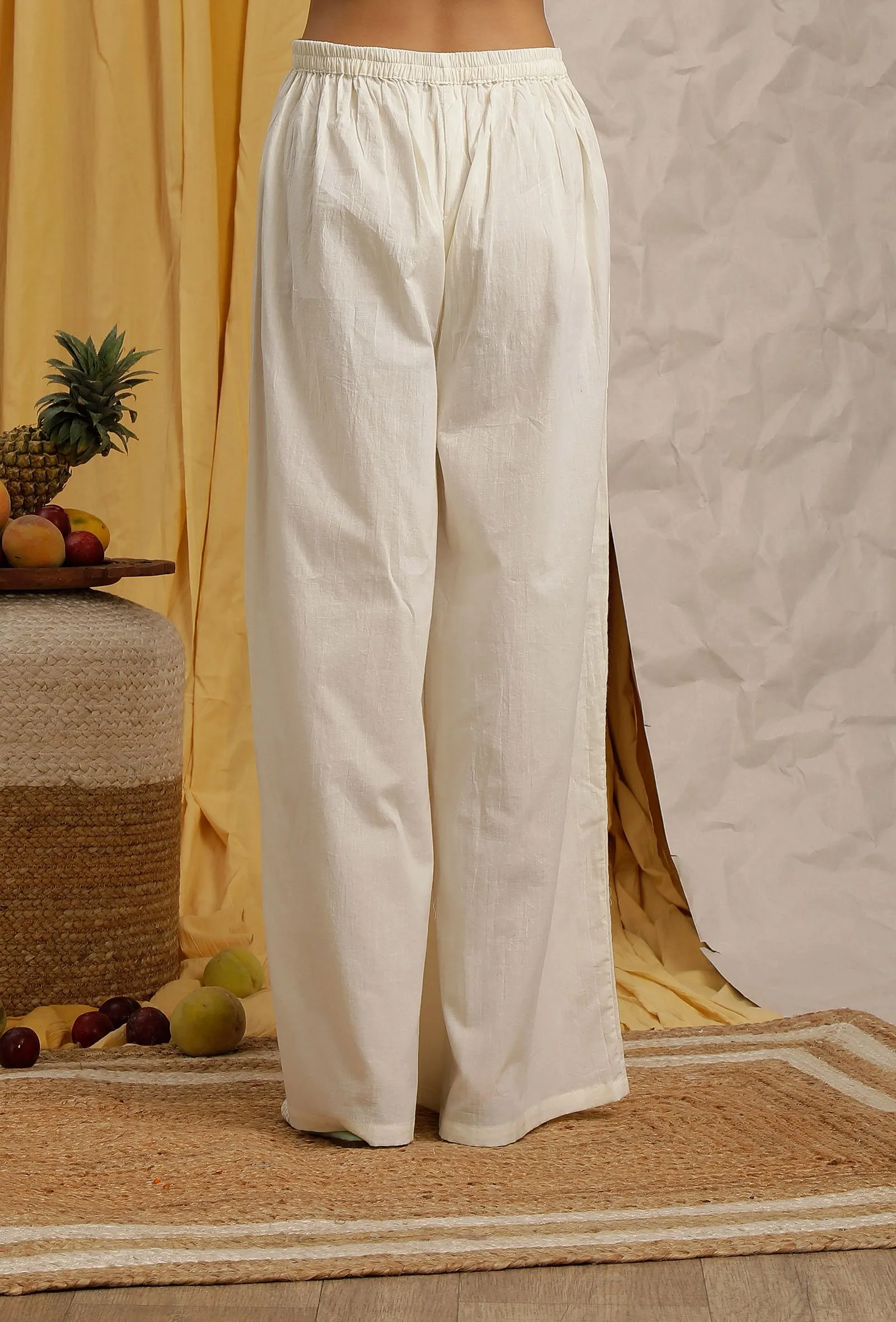 Off White Cotton Schiffli Flared Palazzo Pants