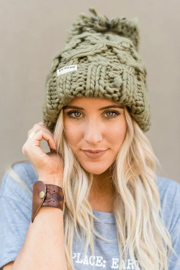 Olive Green Beanie Big Pom Pom Boho Stocking Cap Army Cargo Winter Hat Huge Pom Free Spirited People