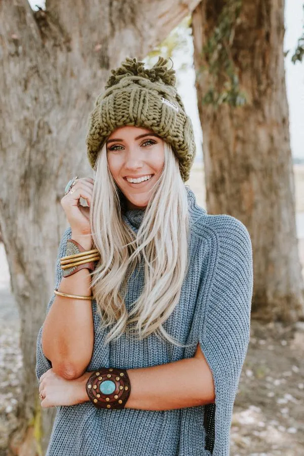 Olive Green Beanie Big Pom Pom Boho Stocking Cap Army Cargo Winter Hat Huge Pom Free Spirited People