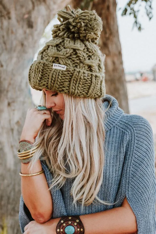 Olive Green Beanie Big Pom Pom Boho Stocking Cap Army Cargo Winter Hat Huge Pom Free Spirited People