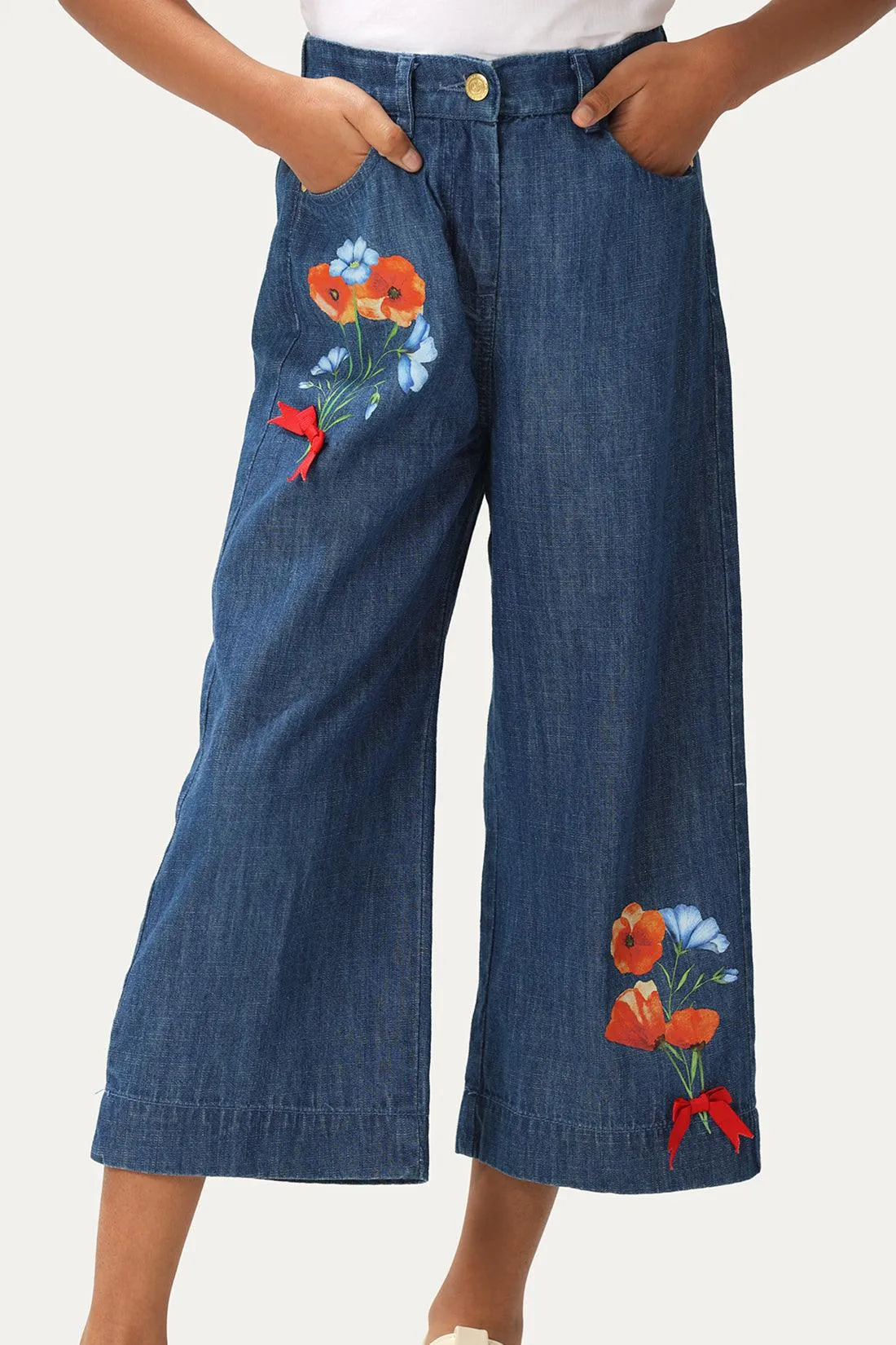 One Friday Kids Girls Floral Printed Blue Flared Pants