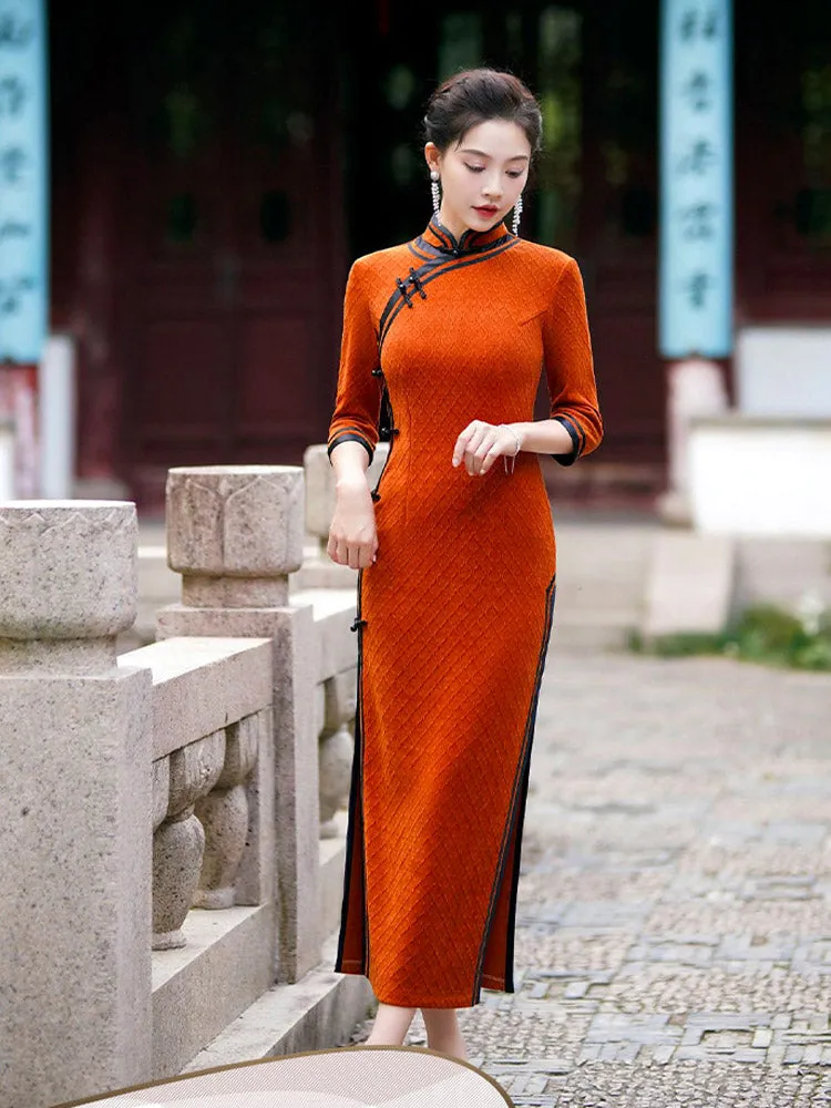 Orange with Black Trim Vintage Geometric Embossed Cheongsam Dress for Women